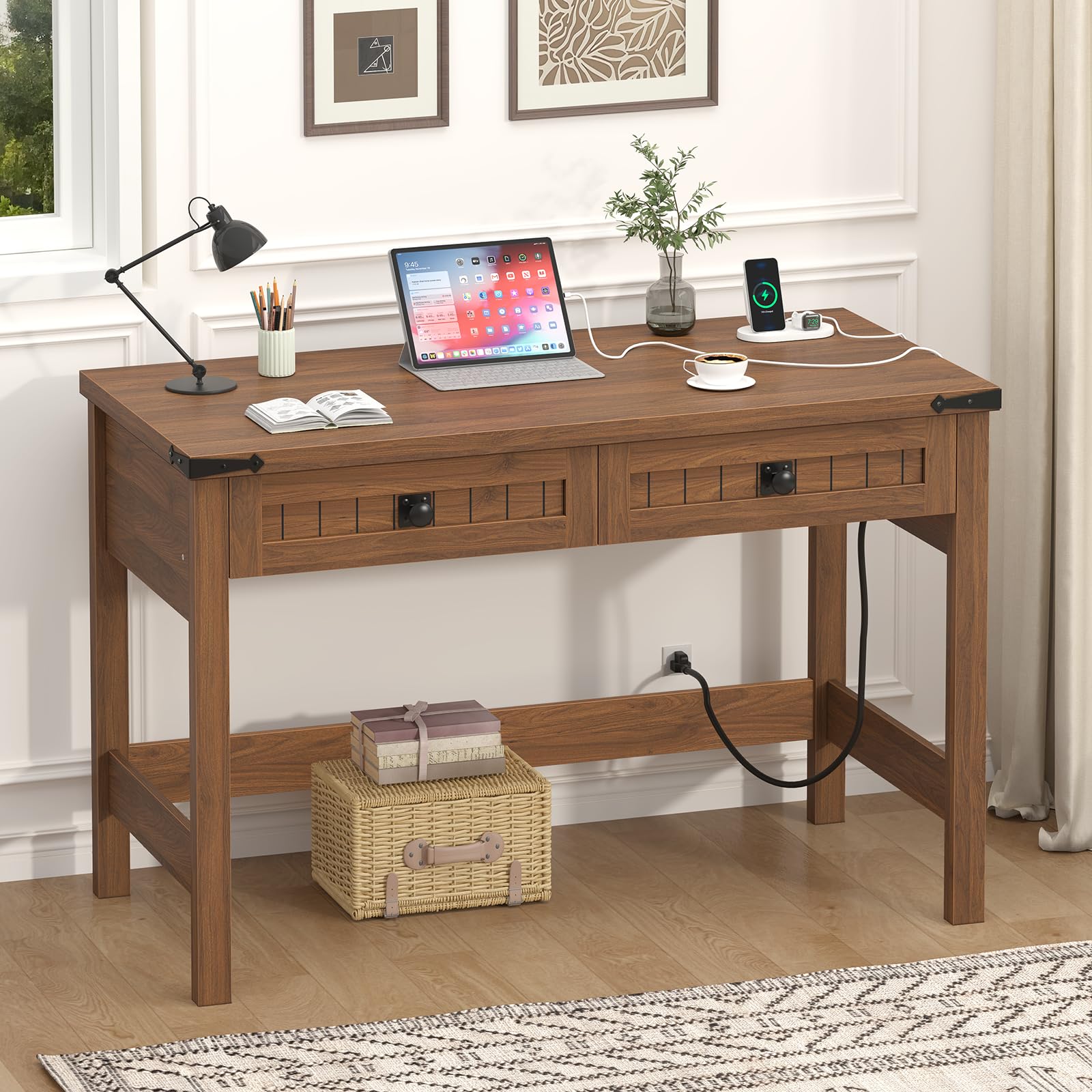 YOMILUVE Farmhouse Computer Desk with 2 Drawers, 39 Inch Small Office Computer Desk with Power Outlets, Compact Writing Study Desk for Small Spaces, Antique White