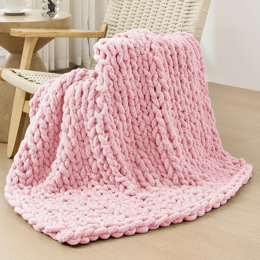 40×60" Beige Hand Knit Jumbo Chenille Chunky Knit Throw Blanket for Sofa & Bed