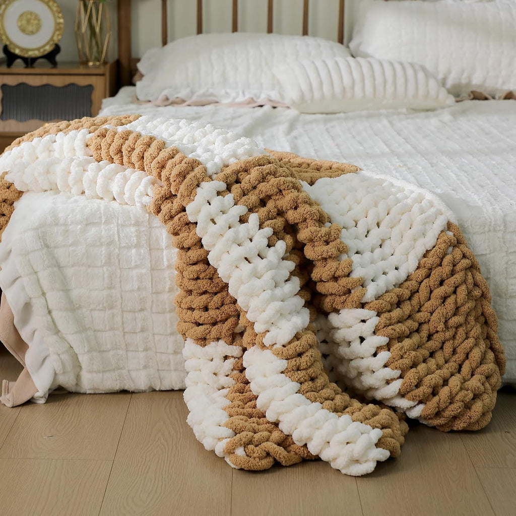 Tudomro Checkered Chunky Knit Throw Blanket for Couch 50 x 60 Inches Neutral Decor 100% Hand Knitted Cozy Soft Large Rope Knot Crochet Blankets for Sofa Living Room(Ivory and Brown)
