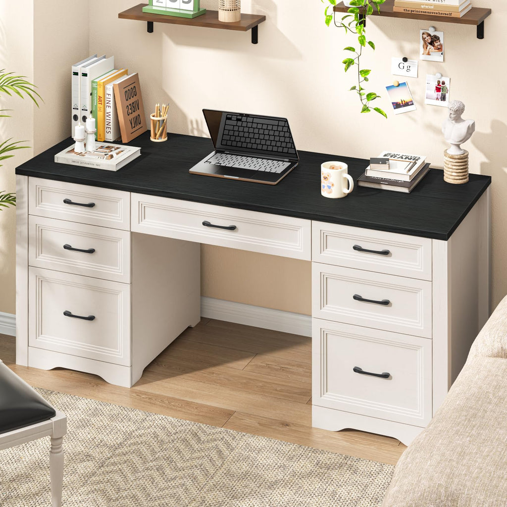 Vabches Farmhouse Executive Desk with Storage and Ample File Drawer, Rustic Large Home Writing Desk for Bedroom, White