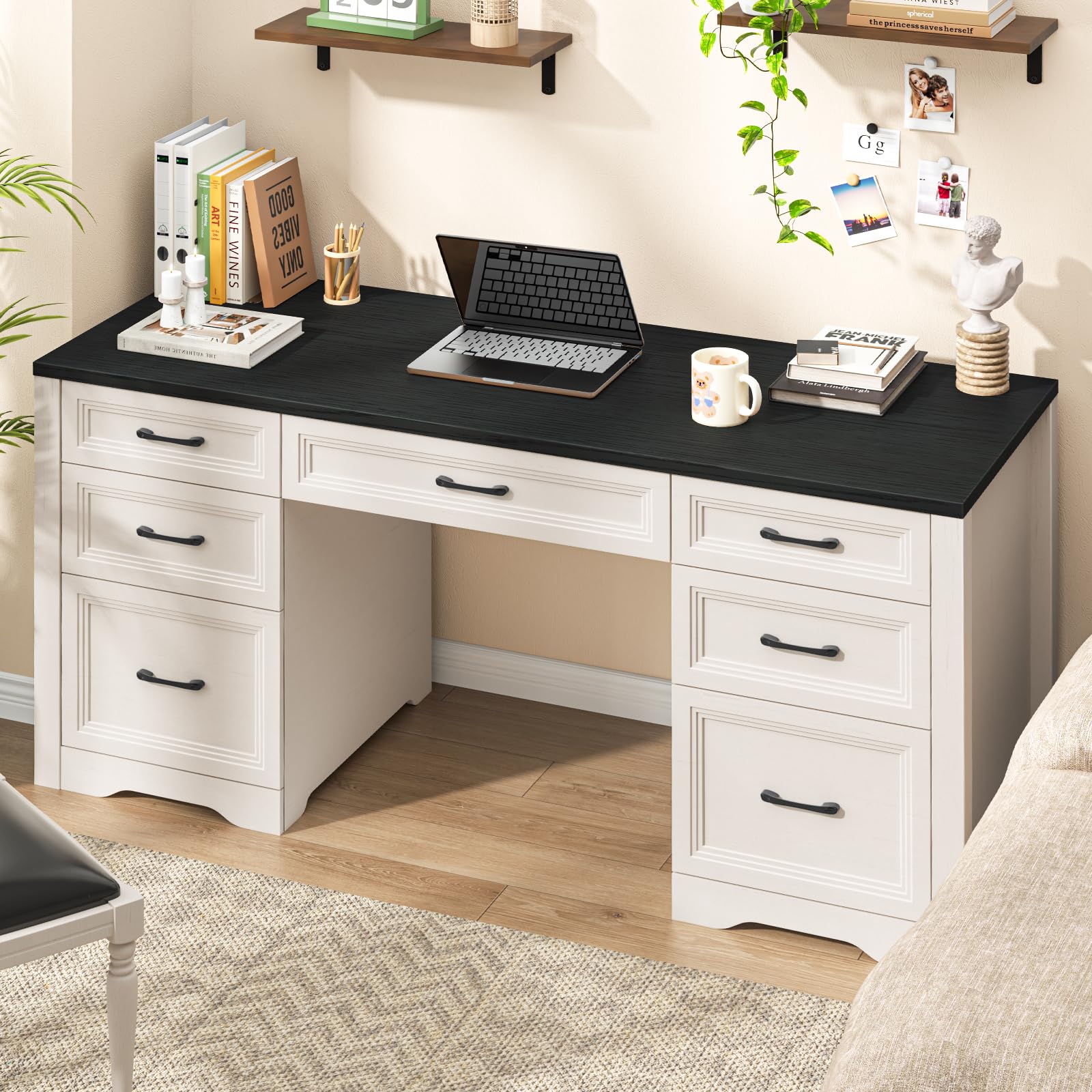 Vabches Farmhouse Executive Desk with Storage and Ample File Drawer, Rustic Large Home Writing Desk for Bedroom, White