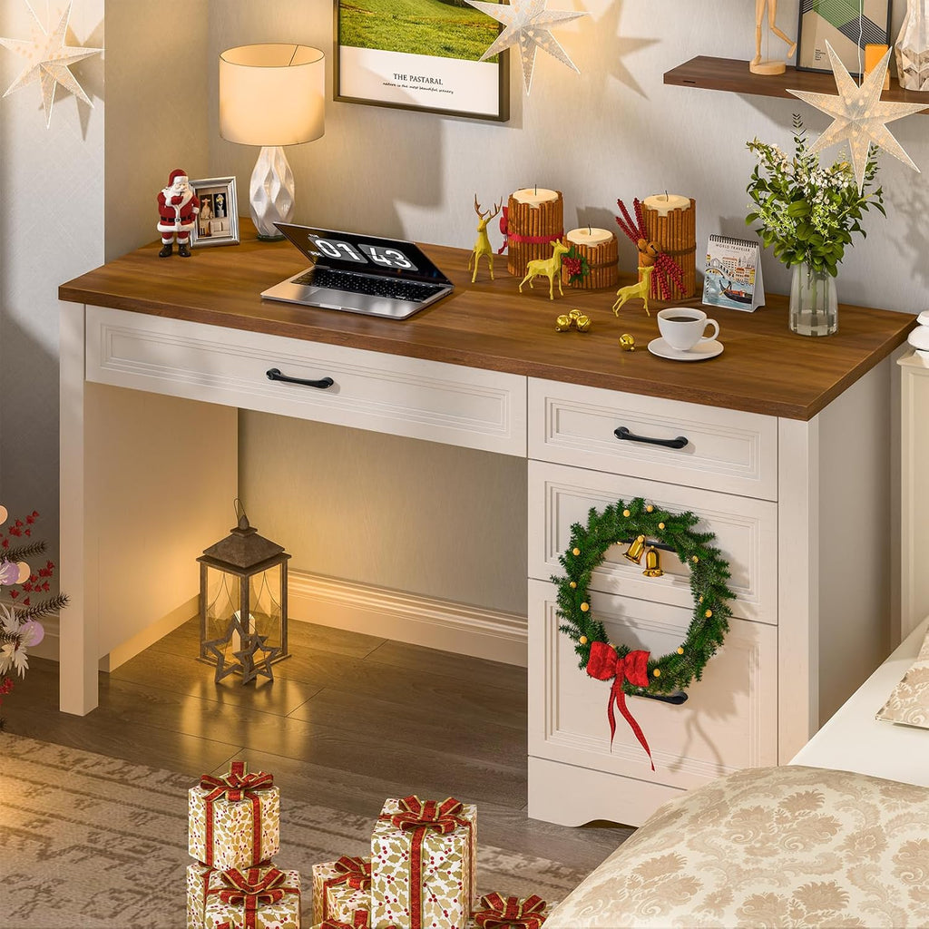 Vabches Farmhouse Executive Desk with Storage and Ample File Drawer, Rustic Large Home Writing Desk for Bedroom, White