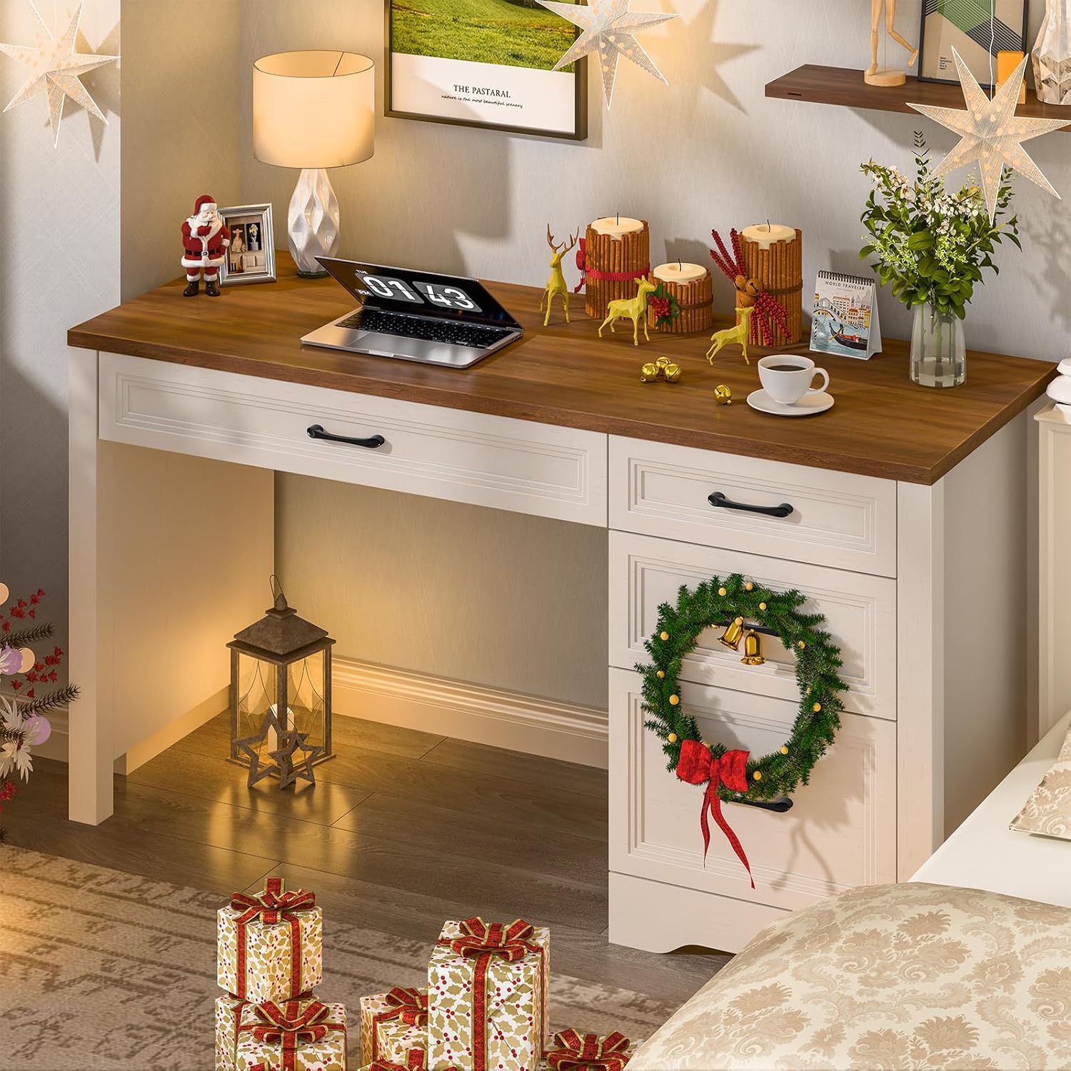 Vabches Farmhouse Executive Desk with Storage and Ample File Drawer, Rustic Large Home Writing Desk for Bedroom, White