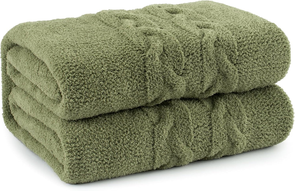 Chunky Knit Blanket Super Soft Cable Fluffy Microfiber Cozy Warm Winter Blankets for Couch Sofa Bed Twin Size 60"X80" Olive Green