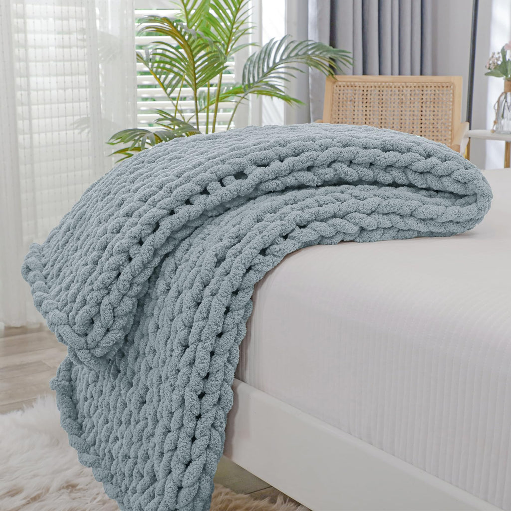 40×60" Beige Hand Knit Jumbo Chenille Chunky Knit Throw Blanket for Sofa & Bed