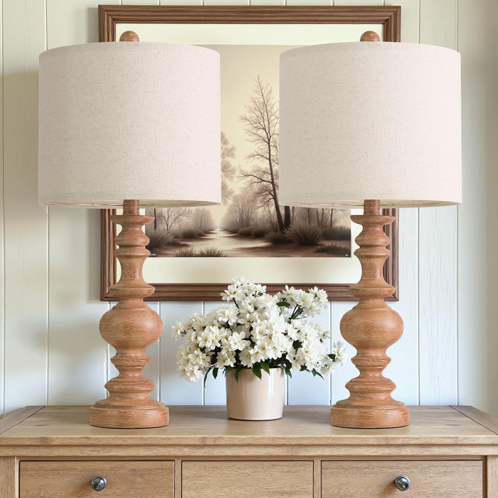 Set of 2 Rustic Farmhouse Linen Table Lamps for Bedroom & Living Room Decor