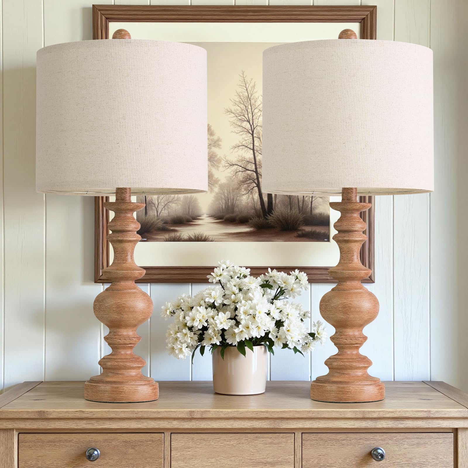 Set of 2 Rustic Farmhouse Linen Table Lamps for Bedroom & Living Room Decor
