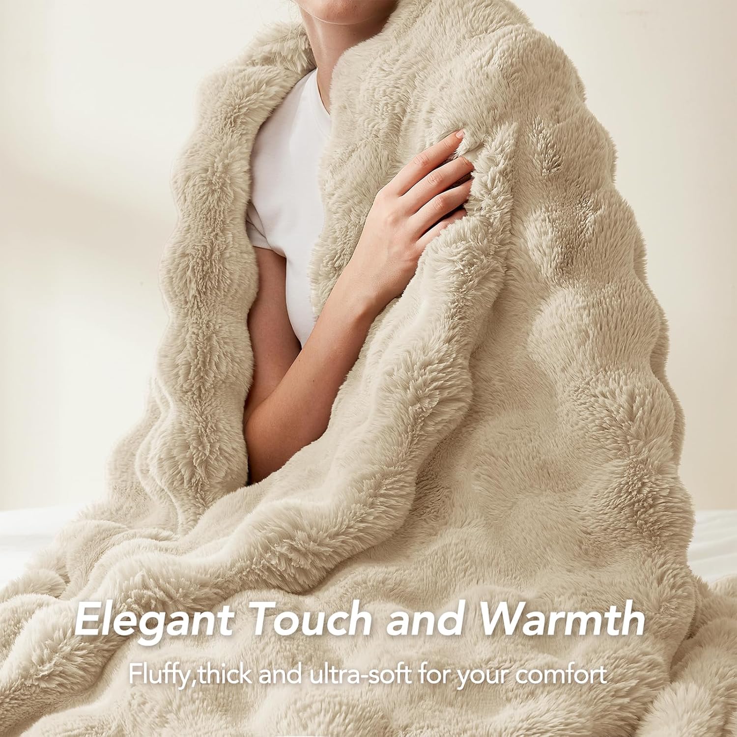 L'AGRATY Faux Rabbit Fur Blanket: 50" x 60" Luxury Soft Fluffy Thick Fur Throw Blanket for Couch Bed Sofa - Cozy Plush Bubble Blankets for Winter: Warm Flannel Fleece Decorative Blanket(Almond White)