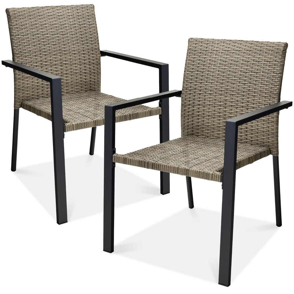 Best Choice Products Set of 2 Stackable Outdoor Wicker Dining Chairs All-Weather Firepit Armchair w/Armrests, Steel Frame for Patio, Deck, Garden, Yard - Gray