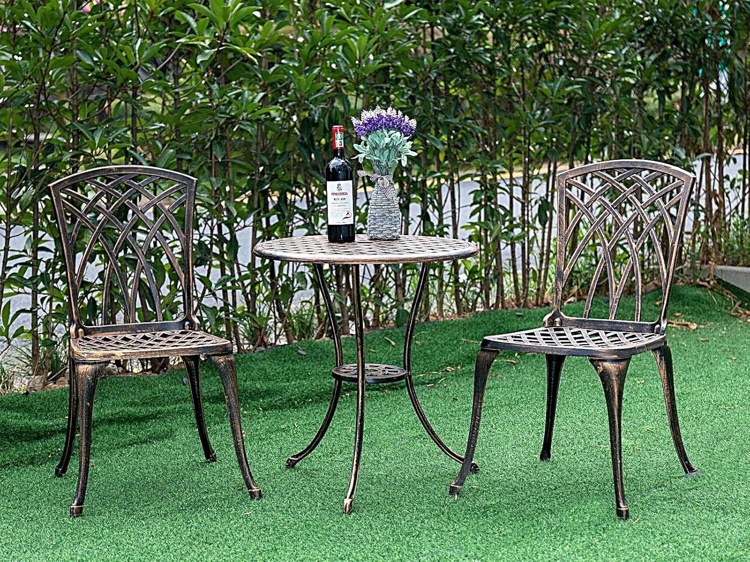 Bistro Set 3 Piece Cast Aluminum Patio Furniture Sets 2 Chairs and 1 Round Table with Umbrella Hole for Outdoor, Patio Balcony, Bronze