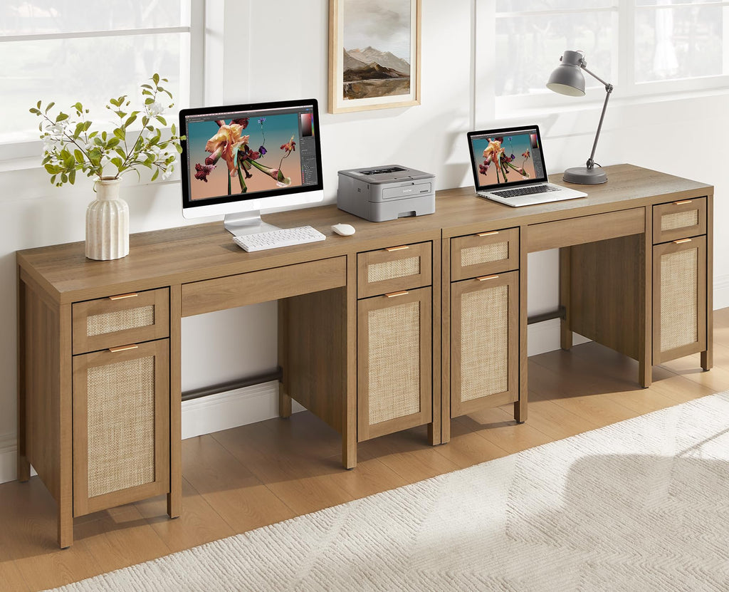 SICOTAS 52" Rattan Home Office Desk with 3 Drawers: Boho Executive Desk with 2 Storage Cabinets, Large Computer Writing Table for Study, Office, Living Room