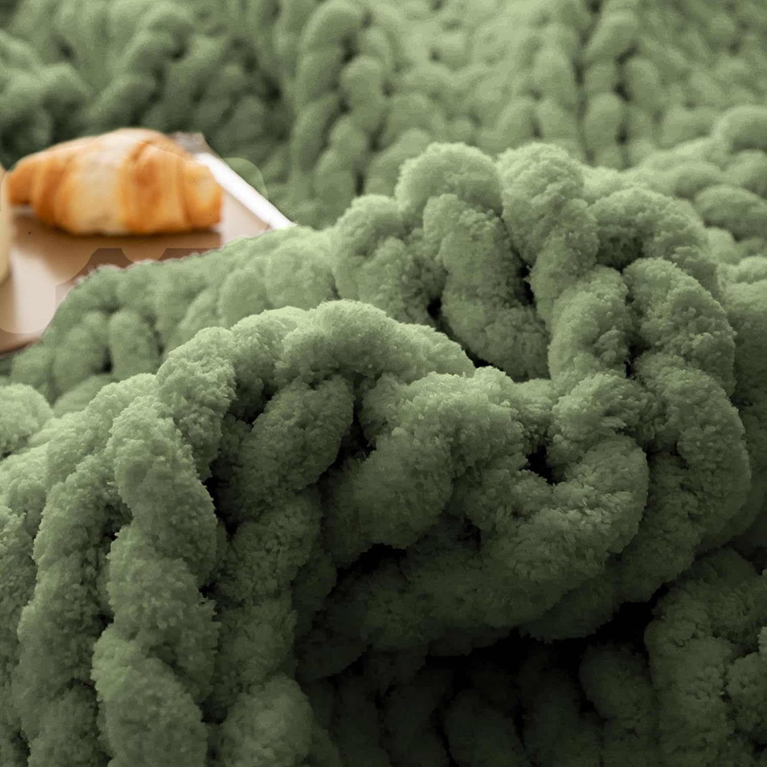 ATMOSURELY Ultra Soft Sage Green Chunky Knit Throw Blanket Cozy Fluffy Chenille Yarn Handmade Cable Knit Crochet Blanket for Bed Sofa Couch 50x60 Inches (Sage Green, 50"x60")