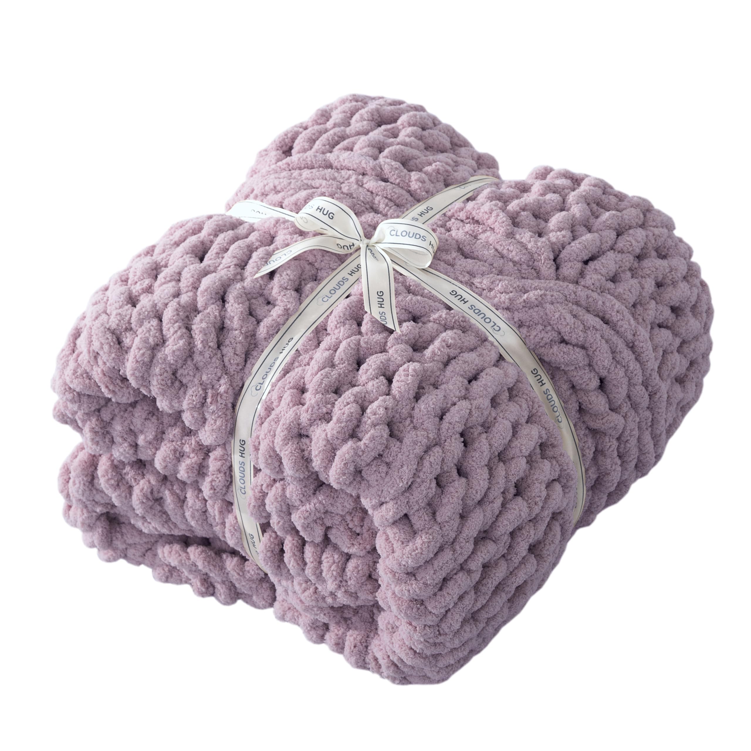 Chunky Knit Blanket Throw - 100% Hand Knitted Chunky Soft Throw Blanket for Couch, Thick and Warm Blanket for Winter, Purple, 50x60 Inches