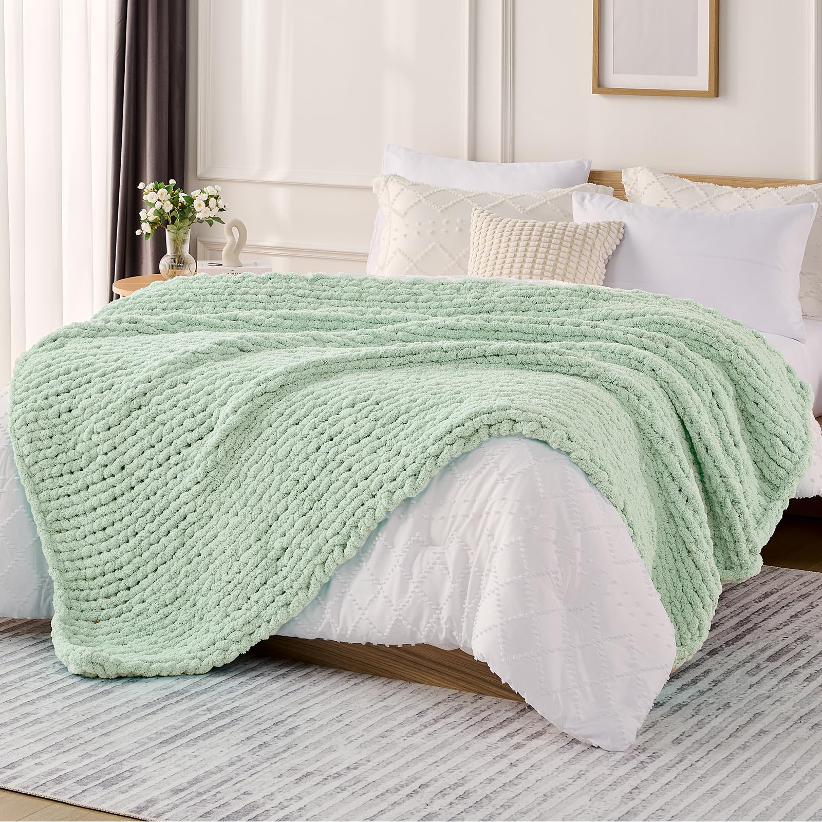 L'AGRATY Chunky Knit Blanket Throw,Soft Chenille Yarn Throw Blanket 50x60，Handmade Cable Knit Crochet Blanket,Large Knit Blankets Chunky Yarn,Rope Knot Throw Blanket for Couch Sofa Bed Home Decor