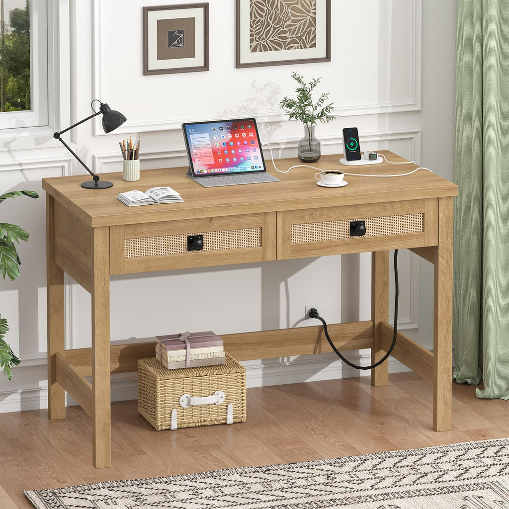 YOMILUVE Farmhouse Computer Desk with 2 Drawers, 39 Inch Small Office Computer Desk with Power Outlets, Compact Writing Study Desk for Small Spaces, Antique White