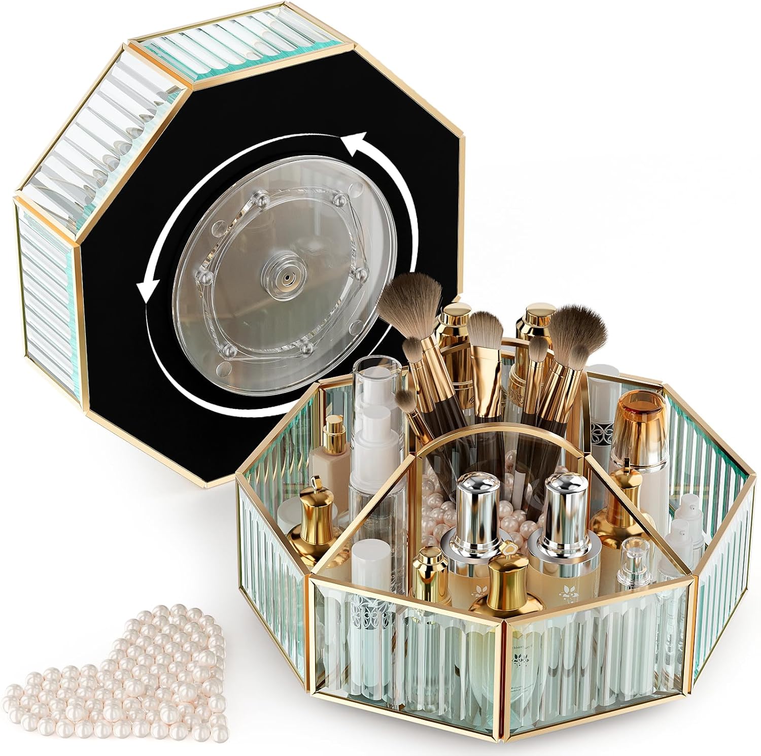 CoralHouse 360° Rotating Makeup Organizer Spinning Vanity Organizer with Makeup Brush Holder for Countertop, Bathroom Storage, Skincare, Perfume & Cosmetic Organizer for Vanity