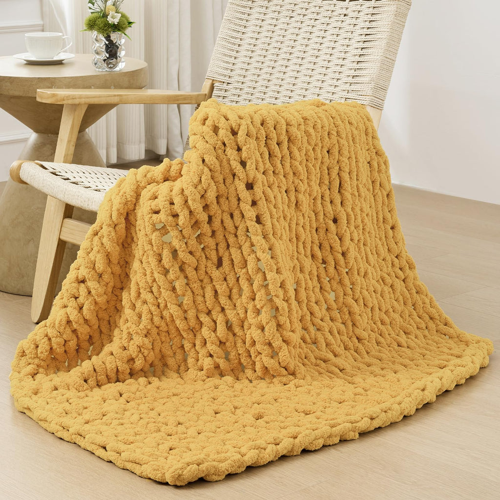 40×60" Beige Hand Knit Jumbo Chenille Chunky Knit Throw Blanket for Sofa & Bed