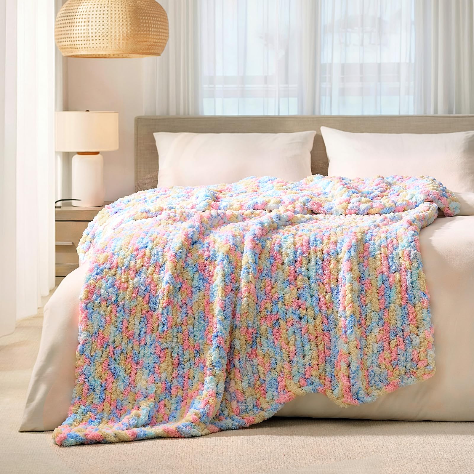 L'AGRATY Chunky Knit Blanket - Soft Chunky Throw 60x80 inches: 100% Hand Kintted Chenile Crochet Throw for Couch - Large Cable Knit Blanket for Home Decor (Ivory)