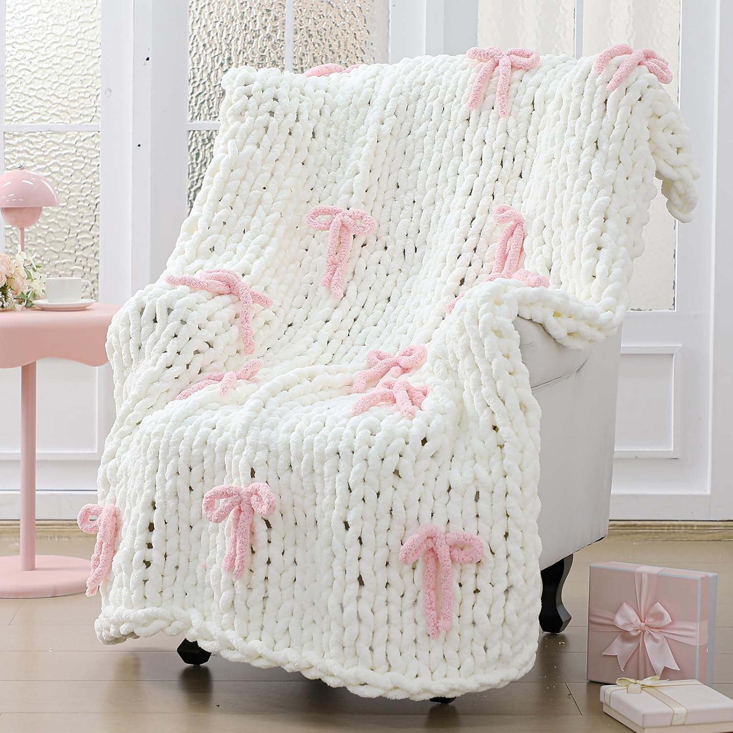 Mindsoft Pink Bow Chunky Knit Blanket Throw Large 50" X 60" 100% Handmade Cream Chenille Loop Yarn Fluffy Soft Knitted Throw Big Cozy Thick Cable Knit Crochet Blanket for Couch Sofa Bed