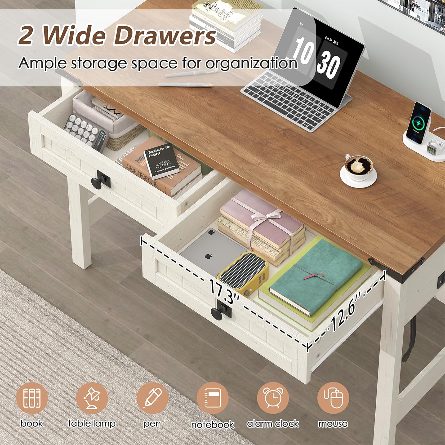 YOMILUVE Farmhouse Computer Desk with 2 Drawers, 39 Inch Small Office Computer Desk with Power Outlets, Compact Writing Study Desk for Small Spaces, Antique White