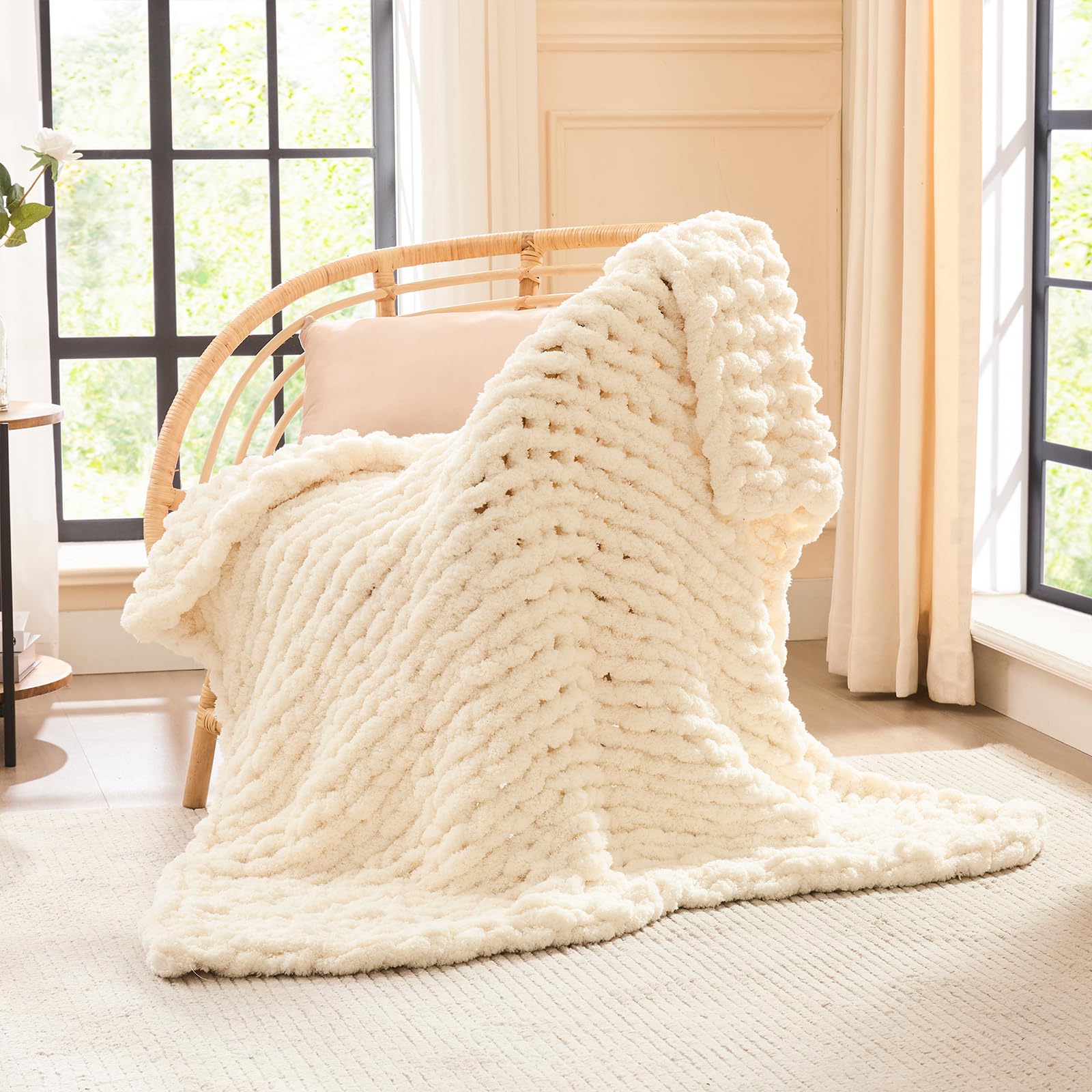 L'AGRATY Chunky Knit Blanket Throw,Soft Chenille Yarn Throw Blanket 50x60，Handmade Cable Knit Crochet Blanket,Large Knit Blankets Chunky Yarn,Rope Knot Throw Blanket for Couch Sofa Bed Home Decor
