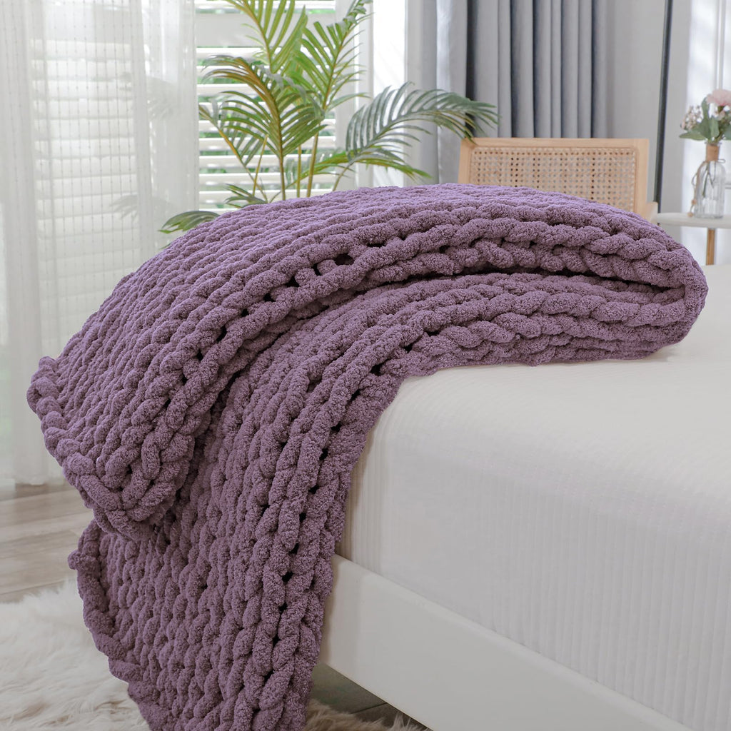 40×60" Beige Hand Knit Jumbo Chenille Chunky Knit Throw Blanket for Sofa & Bed