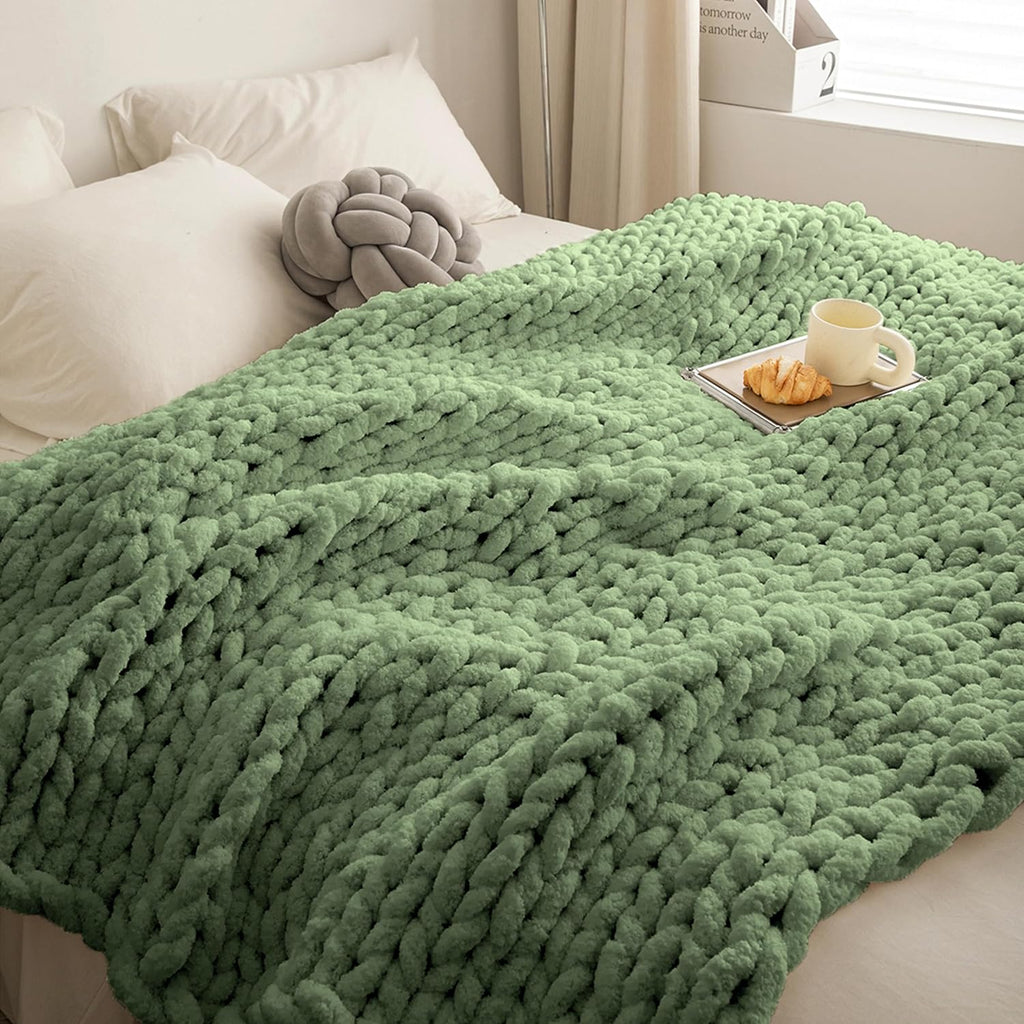 ATMOSURELY Ultra Soft Sage Green Chunky Knit Throw Blanket Cozy Fluffy Chenille Yarn Handmade Cable Knit Crochet Blanket for Bed Sofa Couch 50x60 Inches (Sage Green, 50"x60")