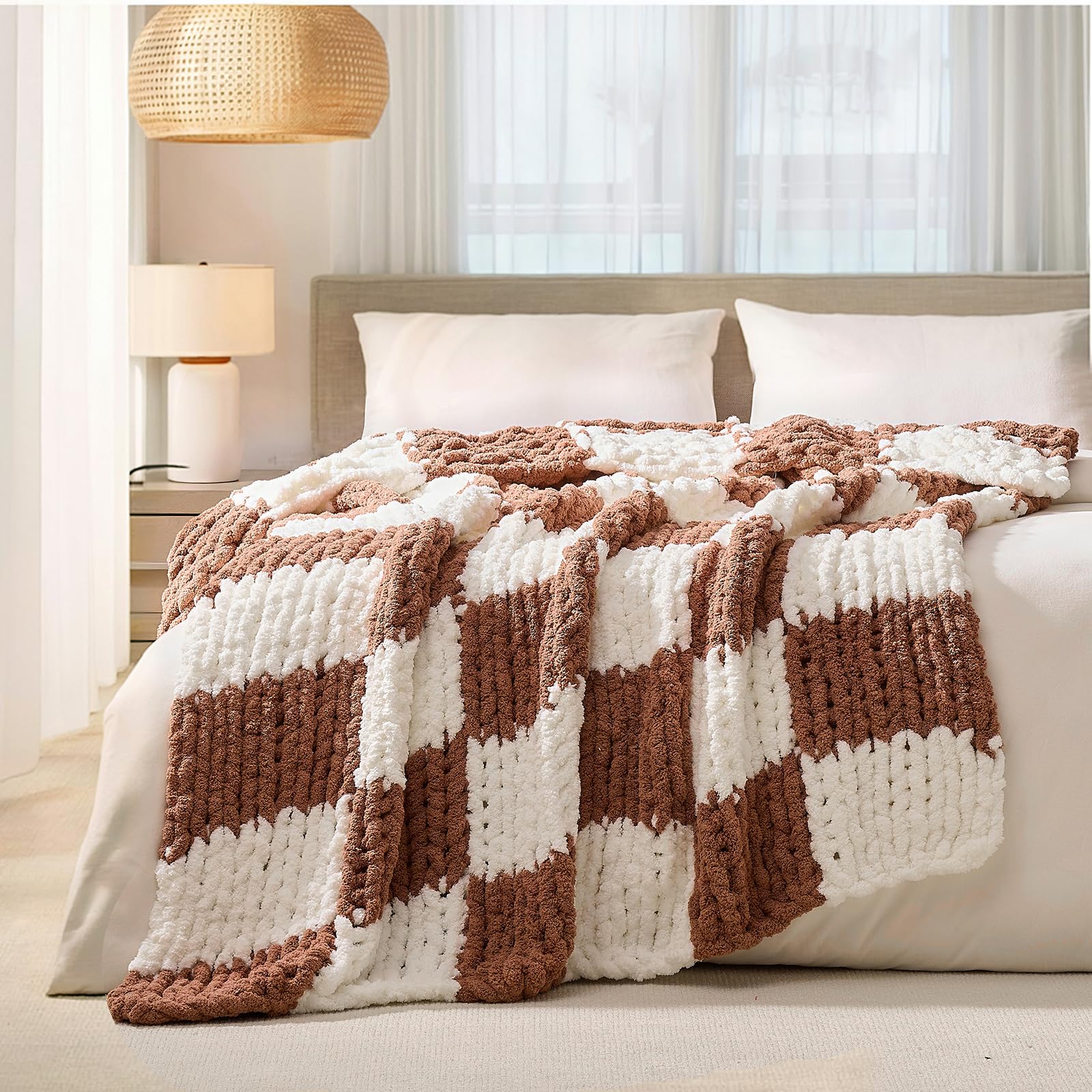 L'AGRATY Chunky Knit Blanket - Soft Chunky Throw 60x80 inches: 100% Hand Kintted Chenile Crochet Throw for Couch - Large Cable Knit Blanket for Home Decor (Ivory)