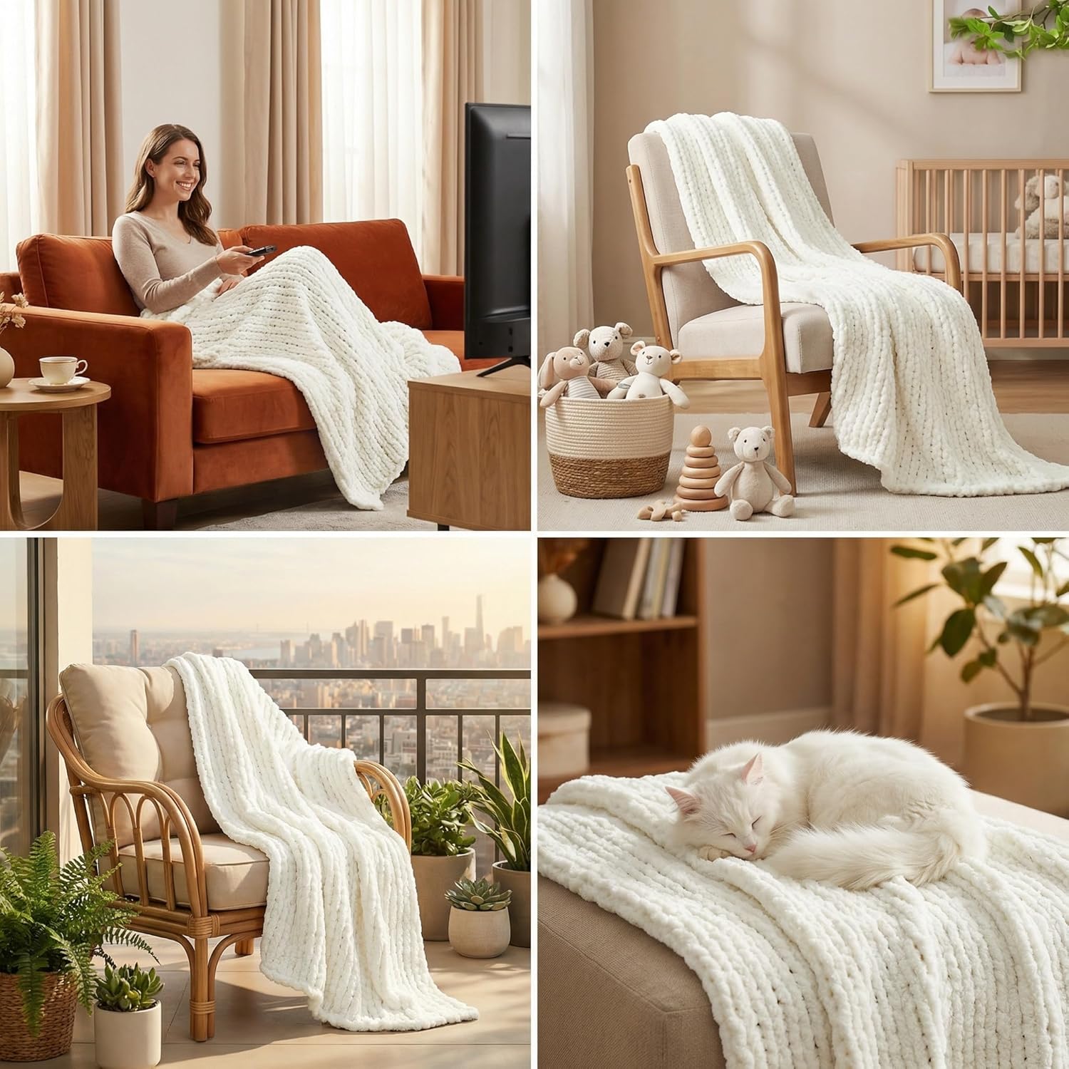Amélie Home Chunky Knit Throw Blanket for Couch, Soft Chenille Handmade Crochet Throw Rope Knit Blanket for Bed, 40"x50", Ivory
