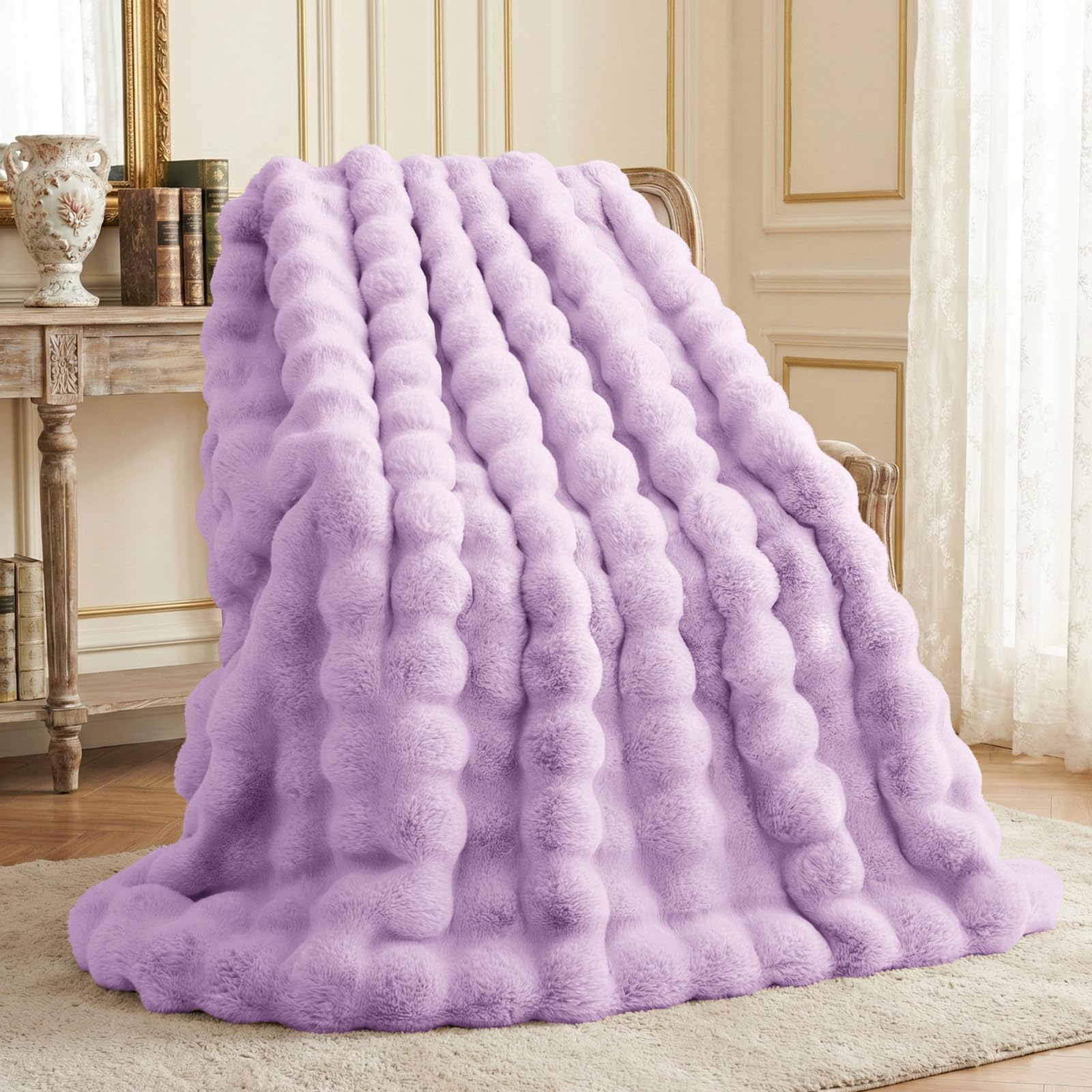 L'AGRATY Faux Rabbit Fur Blanket: 50" x 60" Luxury Soft Fluffy Thick Fur Throw Blanket for Couch Bed Sofa - Cozy Plush Bubble Blankets for Winter: Warm Flannel Fleece Decorative Blanket(Almond White)