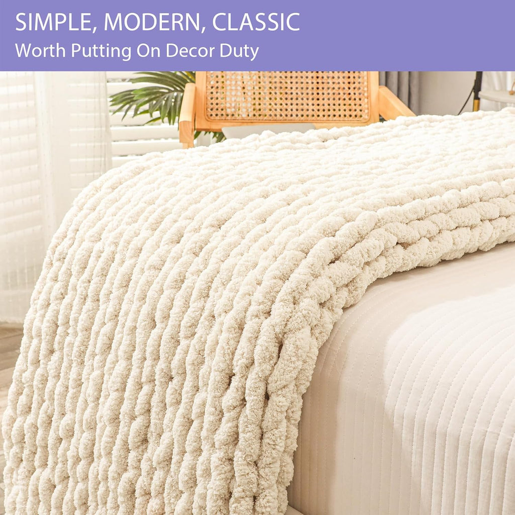 40×60" Beige Hand Knit Jumbo Chenille Chunky Knit Throw Blanket for Sofa & Bed