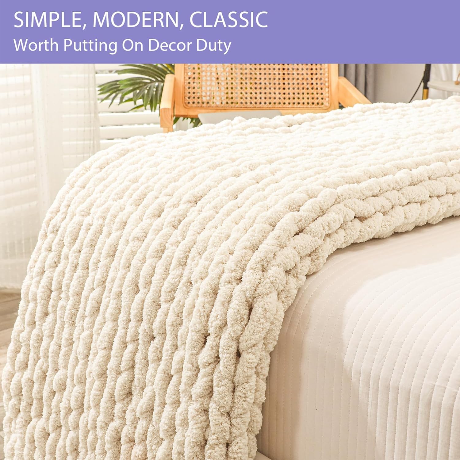40×60" Beige Hand Knit Jumbo Chenille Chunky Knit Throw Blanket for Sofa & Bed
