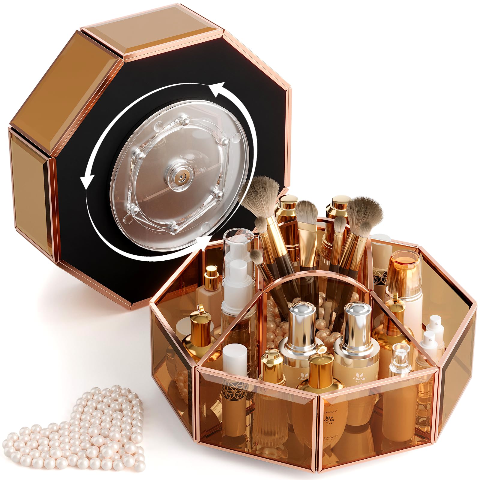 CoralHouse 360° Rotating Makeup Organizer Spinning Vanity Organizer with Makeup Brush Holder for Countertop, Bathroom Storage, Skincare, Perfume & Cosmetic Organizer for Vanity