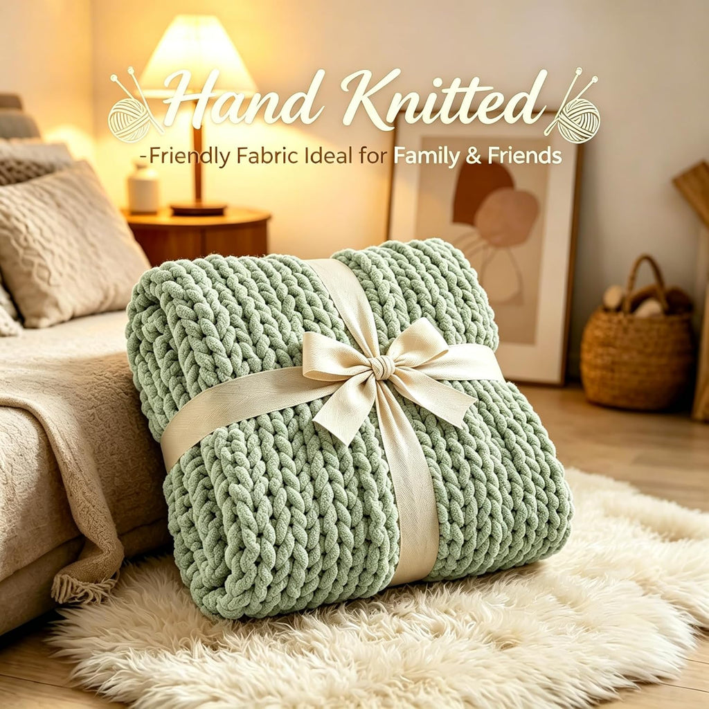 Admitrack Chunky Knit Blanket Throw, 100% Hand Knit Chenille Throw Blanket for Sofa & Home Decor, Soft and Cozy Knitted Throw Blankets (Sage Green，51"x63")