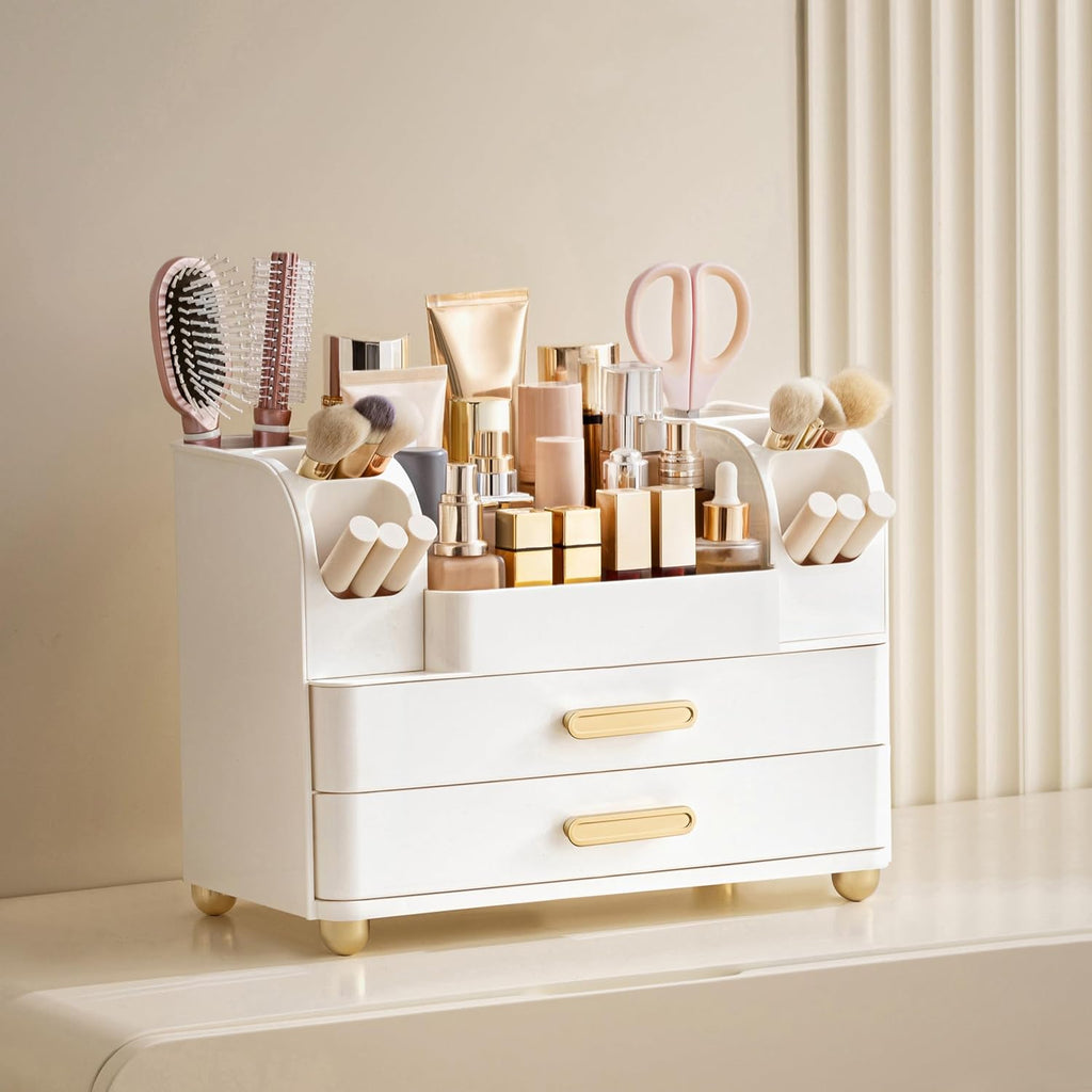 White Large Vanity Cosmetic Organizer with Brush Holder for Skincare & Makeup Storage