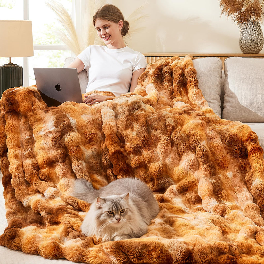 L'AGRATY Faux Rabbit Fur Blanket: 50" x 60" Luxury Soft Fluffy Thick Fur Throw Blanket for Couch Bed Sofa - Cozy Plush Bubble Blankets for Winter: Warm Flannel Fleece Decorative Blanket(Almond White)