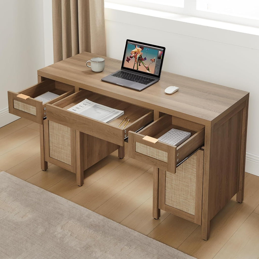 SICOTAS 52" Rattan Home Office Desk with 3 Drawers: Boho Executive Desk with 2 Storage Cabinets, Large Computer Writing Table for Study, Office, Living Room