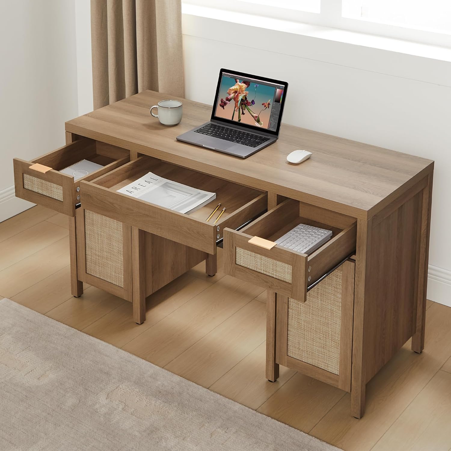 SICOTAS 52" Rattan Home Office Desk with 3 Drawers: Boho Executive Desk with 2 Storage Cabinets, Large Computer Writing Table for Study, Office, Living Room