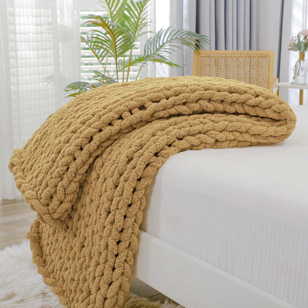40×60" Beige Hand Knit Jumbo Chenille Chunky Knit Throw Blanket for Sofa & Bed