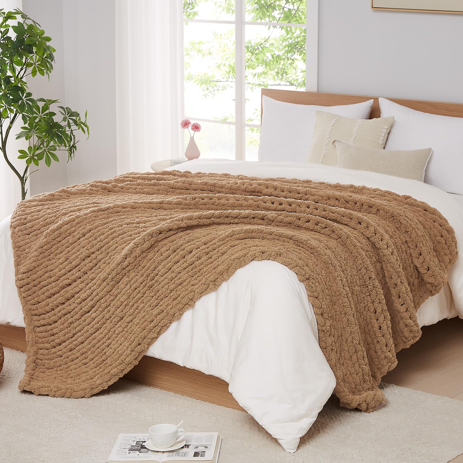 L'AGRATY Chunky Knit Blanket Throw,Soft Chenille Yarn Throw Blanket 50x60，Handmade Cable Knit Crochet Blanket,Large Knit Blankets Chunky Yarn,Rope Knot Throw Blanket for Couch Sofa Bed Home Decor