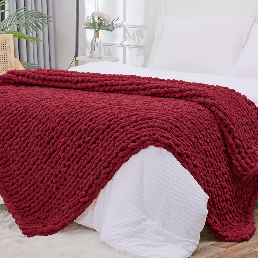 40×60" Beige Hand Knit Jumbo Chenille Chunky Knit Throw Blanket for Sofa & Bed