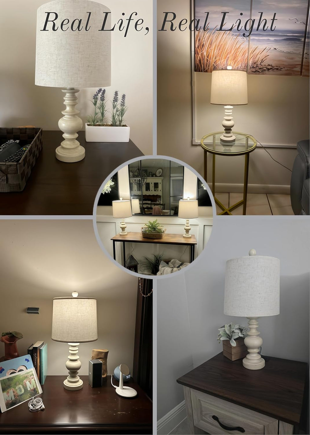 Set of 2 Rustic Farmhouse Linen Table Lamps for Bedroom & Living Room Decor