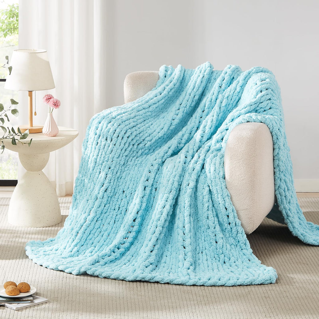 L'AGRATY Chunky Knit Blanket Throw,Soft Chenille Yarn Throw Blanket 50x60，Handmade Cable Knit Crochet Blanket,Large Knit Blankets Chunky Yarn,Rope Knot Throw Blanket for Couch Sofa Bed Home Decor
