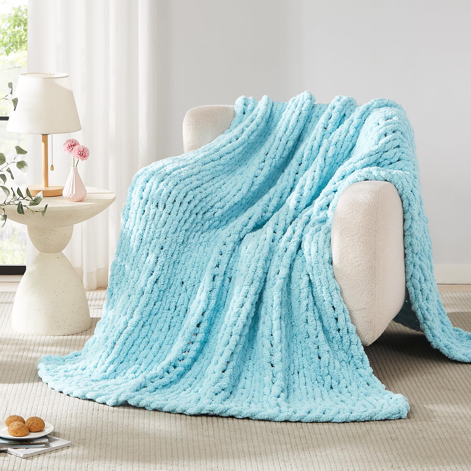 L'AGRATY Chunky Knit Blanket Throw,Soft Chenille Yarn Throw Blanket 50x60，Handmade Cable Knit Crochet Blanket,Large Knit Blankets Chunky Yarn,Rope Knot Throw Blanket for Couch Sofa Bed Home Decor
