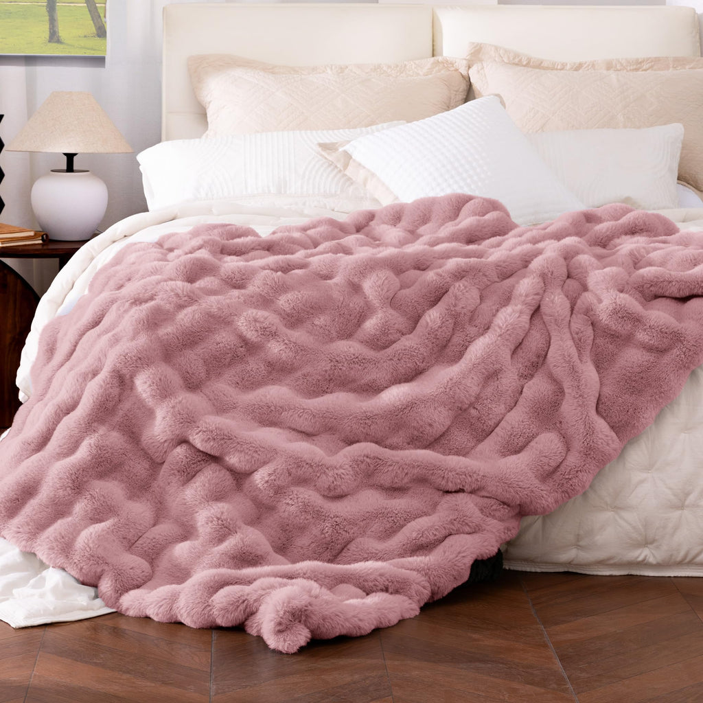 Ultra Soft Cozy Faux Fur Throw Blanket, Fuzzy Plush Thick Bubble Blanket, Oversize Luxury Fluffy Blanket for Couch, Sofa, Bedroom, and Living Room, 50x60 Inches, Light Brown