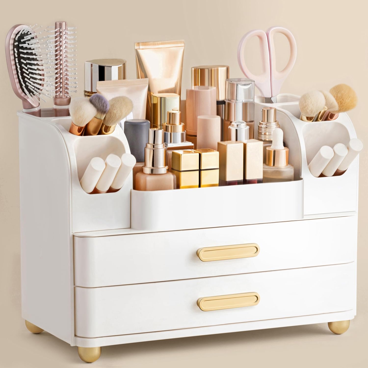 White Large Vanity Cosmetic Organizer with Brush Holder for Skincare & Makeup Storage