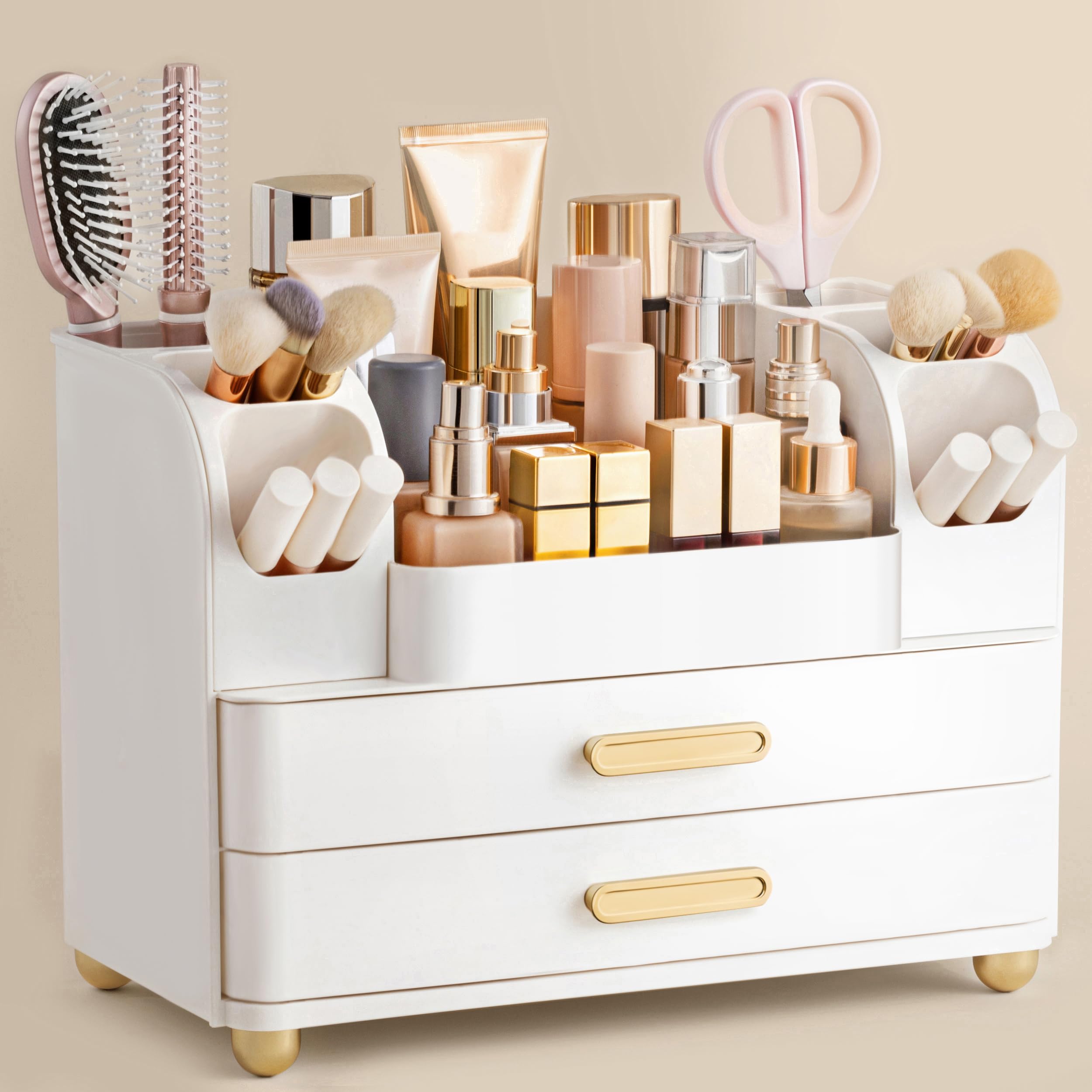 White Large Vanity Cosmetic Organizer with Brush Holder for Skincare & Makeup Storage