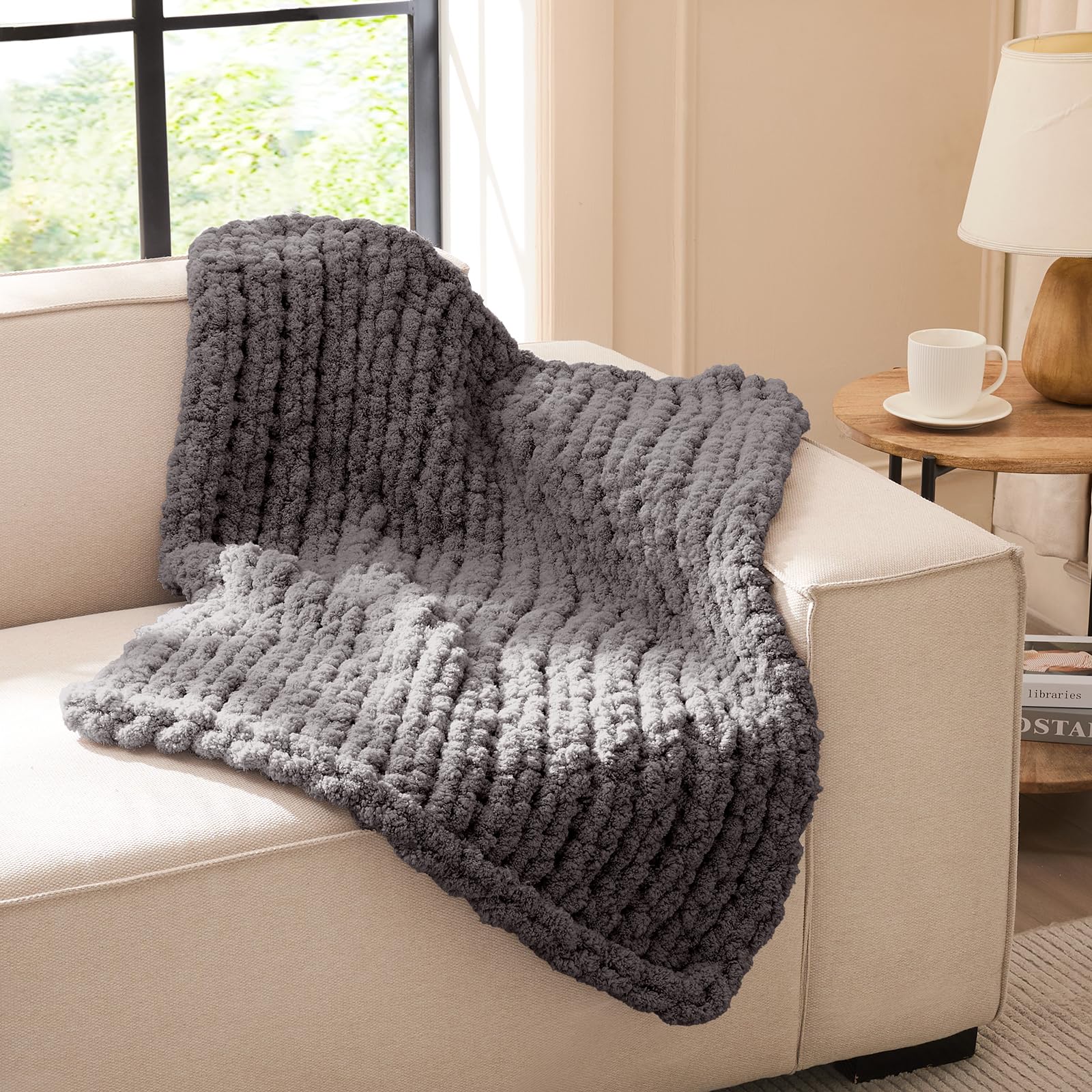 L'AGRATY Chunky Knit Blanket Throw,Soft Chenille Yarn Throw Blanket 50x60，Handmade Cable Knit Crochet Blanket,Large Knit Blankets Chunky Yarn,Rope Knot Throw Blanket for Couch Sofa Bed Home Decor