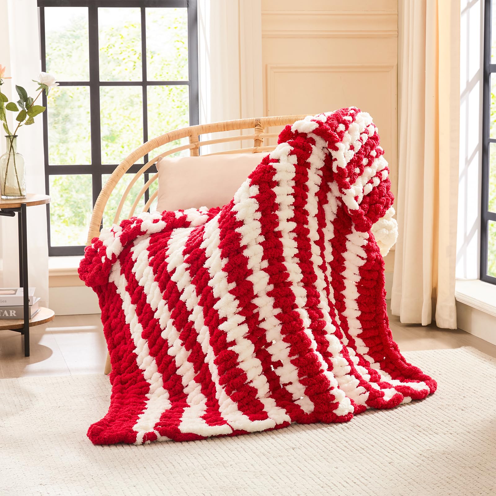 L'AGRATY Chunky Knit Blanket - Soft Chunky Throw 60x80 inches: 100% Hand Kintted Chenile Crochet Throw for Couch - Large Cable Knit Blanket for Home Decor (Ivory)