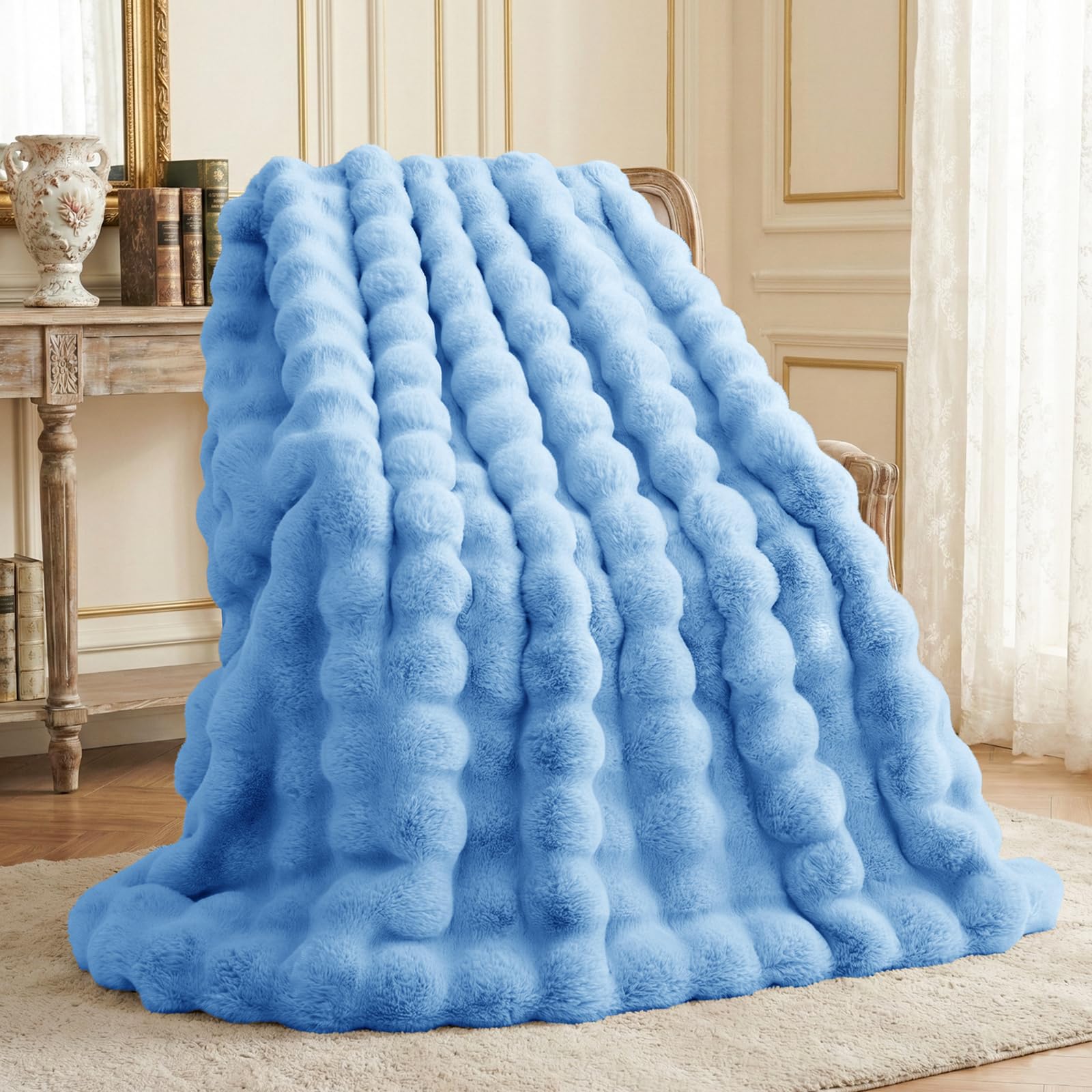 L'AGRATY Faux Rabbit Fur Blanket: 50" x 60" Luxury Soft Fluffy Thick Fur Throw Blanket for Couch Bed Sofa - Cozy Plush Bubble Blankets for Winter: Warm Flannel Fleece Decorative Blanket(Almond White)
